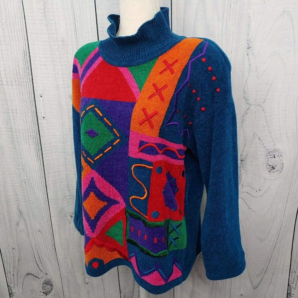 Vintage 80s Sweater Multicolor Shapes Geometric - Picture 2 of 7